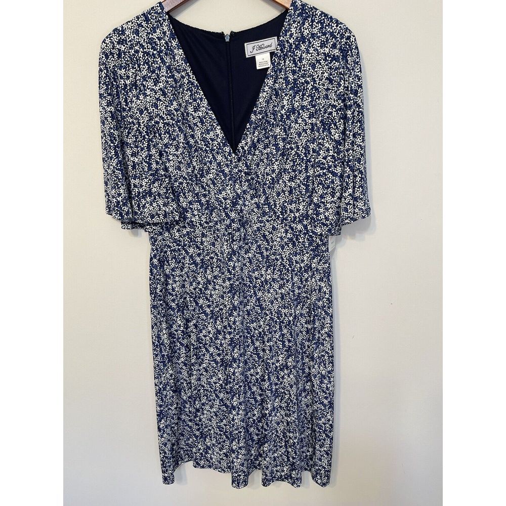 J Howard Dress size 12 navy white floral‎ v-neck short bell sleeve NWT Career
